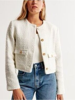 Abercrombie & Fitch Collarless Short Sleeve Cropped Tweed Jacket